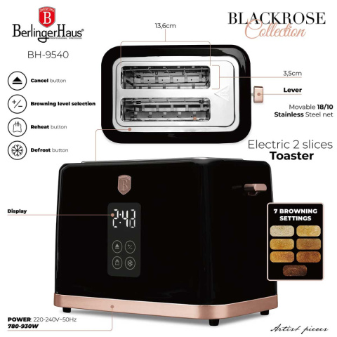 CZAJNIK ELEKTRYCZNY 1,7L + TOSTER CYFROWY BERLINGER HAUS BH-9540 BLACK ROSE