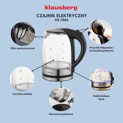 CZAJNIK ELEKTRYCZNY SZKLANY 1,7L KLAUSBERG KB-7886 LED