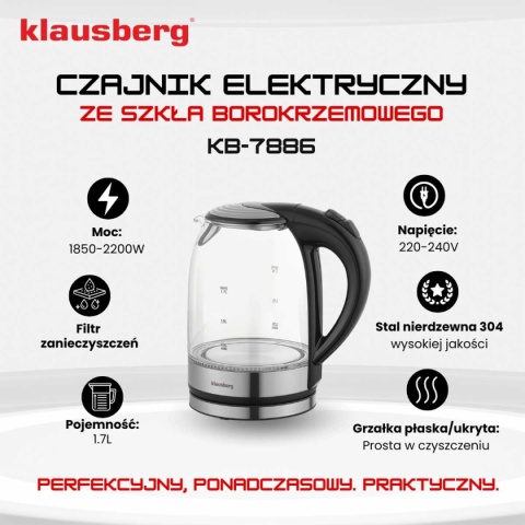 CZAJNIK ELEKTRYCZNY SZKLANY 1,7L KLAUSBERG KB-7886 LED