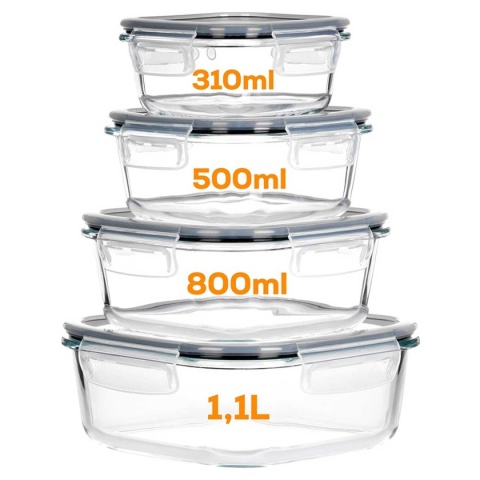 ZESTAW 4 SZKLANYCH POJEMNIKÓW NA ŻYWNOŚĆ Z POKRYWAMI I USZCZELKAMI 229236