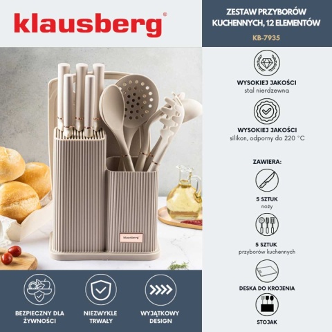 ZESTAW NOŻY I PRZYBORÓW KUCHENNYCH Z DESKĄ W STOJAKU KLAUSBERG KB-7935