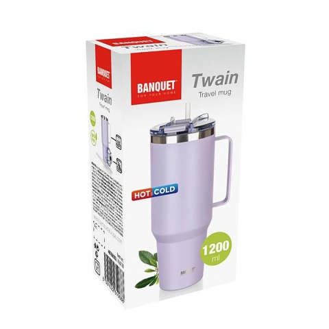 STALOWY KUBEK TERMICZNY TERMOS 1200ml Z RĄCZKĄ I SŁOMKĄ BANQUET TWAIN LILA