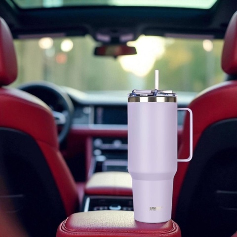 STALOWY KUBEK TERMICZNY TERMOS 1200ml Z RĄCZKĄ I SŁOMKĄ BANQUET TWAIN LILA