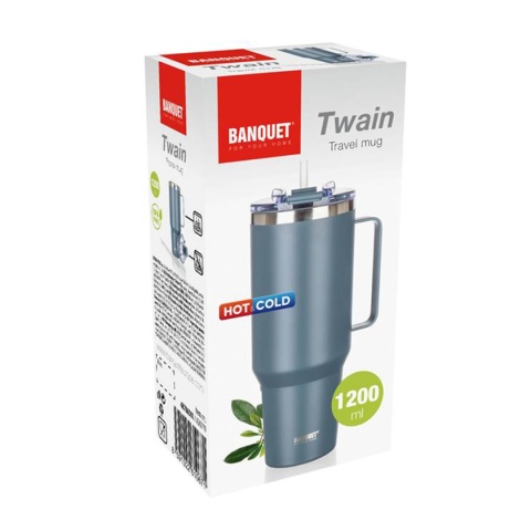 STALOWY KUBEK TERMICZNY TERMOS 1200ml Z RĄCZKĄ I SŁOMKĄ BANQUET TWAIN SZARY