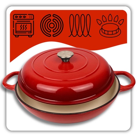 EMALIOWANY GARNEK ŻELIWNY PŁASKI 30cm 3L HAGE CZERWONY