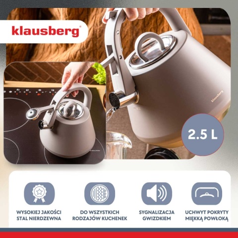 CZAJNIK STALOWY Z GWIZDKIEM 2,5L KLAUSBERG KB-7949 SZARY