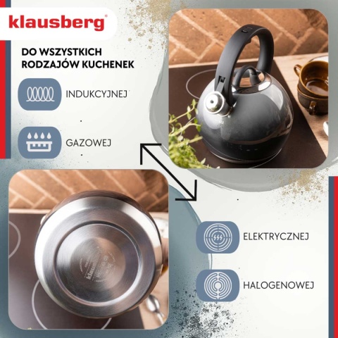 CZAJNIK STALOWY Z GWIZDKIEM 3L KLAUSBERG KB-7955 GRAFITOWY POŁYSK