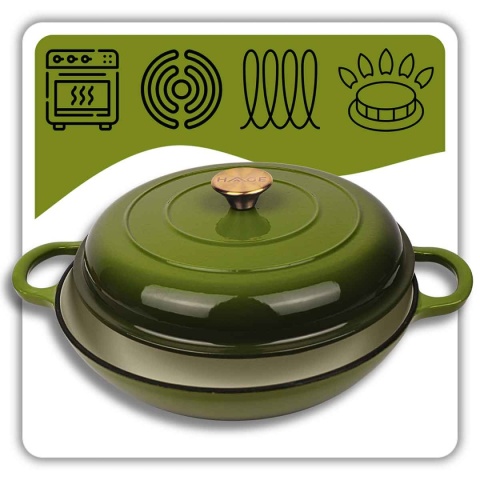 EMALIOWANY GARNEK ŻELIWNY PŁASKI 30cm 3L HAGE OLIWKOWY