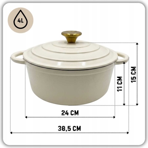 EMALIOWANY GARNEK ŻELIWNY 24cm 4L HAGE CREAM