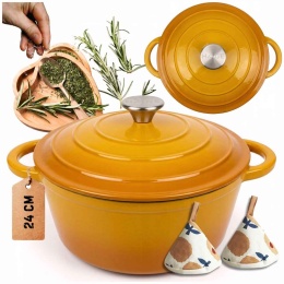EMALIOWANY GARNEK ŻELIWNY 24cm 4L HAGE MUSZTARDOWY