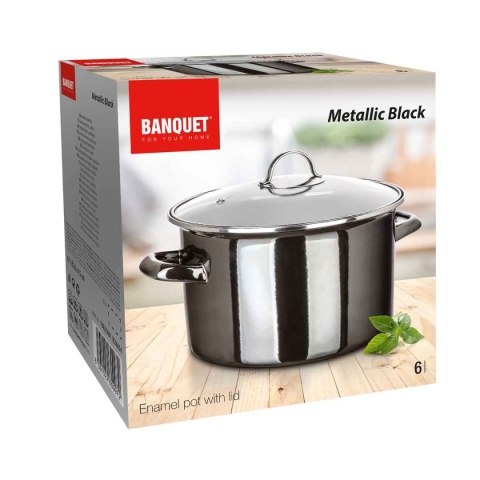 GARNEK EMALIOWANY 24cm 3,7L Z POKRYWĄ BANQUET METALLIC BLACK