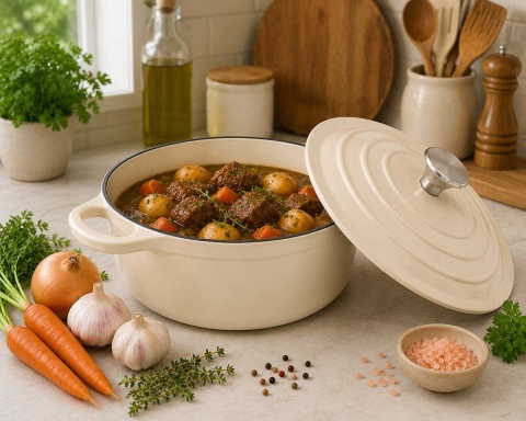 EMALIOWANY GARNEK ŻELIWNY 24cm 4,2L KREMOWY 7765